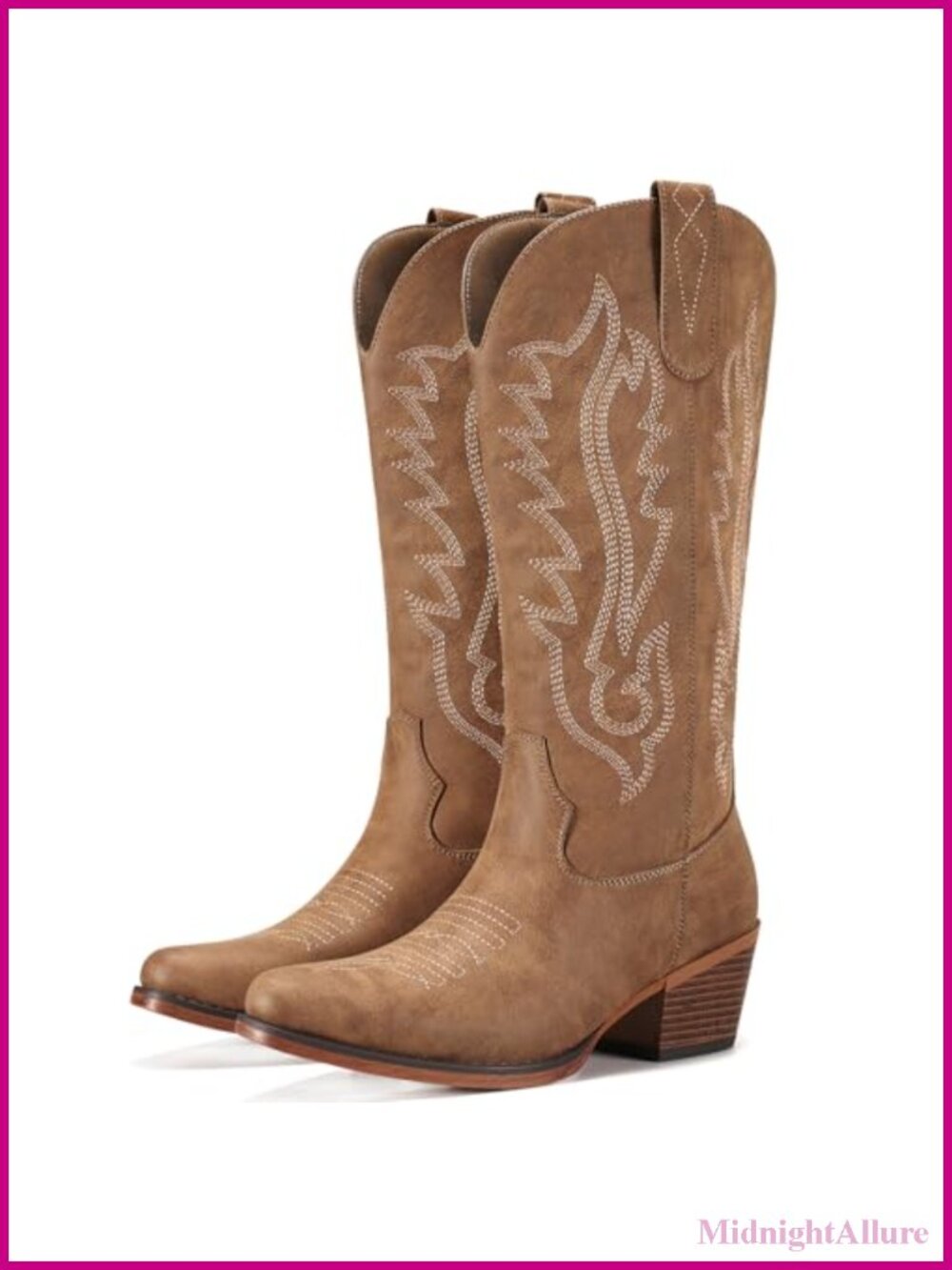 Western Cowboy Boots Mid Calf Chunky Heel Snip Toe Embroidered
